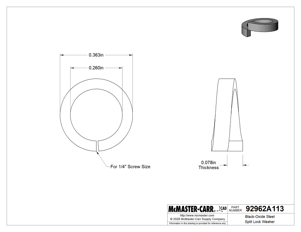 Technical Drawing of Black-Oxide Steel Split Lock Washer, for 1/4" Size Socket Head Screw, 0.260" ID, 0.363" OD.